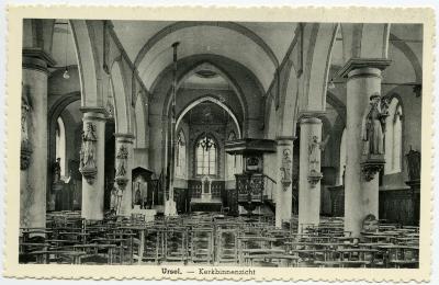 Postkaart binnenkant kerk, Ursel, 1937