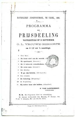 Programma prijsuitreiking jongensschool, Ursel, 1881
