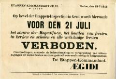 Verordening 21 juli viering, Eeklo, 1915